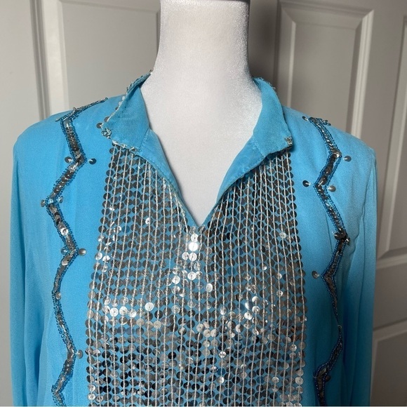 Marisol of India Tunic Dress Blue Chiffon Silver Sequins Embellished Beaded 14 - Picture 3 of 16